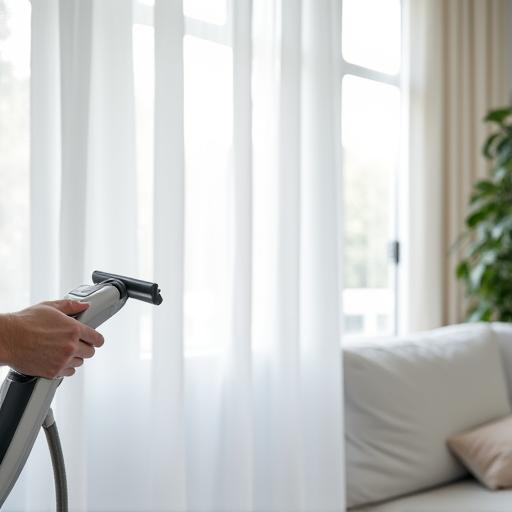 Igienizzazione a vapore di tende bianche in un salotto luminoso.