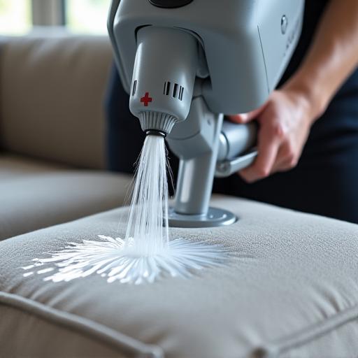 Macchinario professionale in azione per il lavaggio di un divano in tessuto.