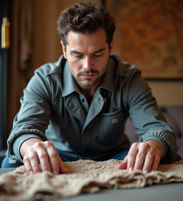 Tecnico di Solfatara Splendente che ispeziona con cura un tessuto pregiato.